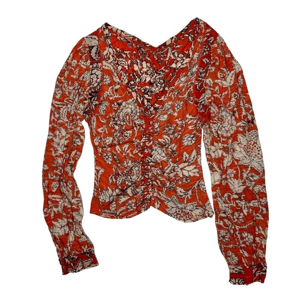 NWOT Free People Say The Word Ruched Long Sleeve V-Neck Top XS ruby red combo - Picture 6 of 14